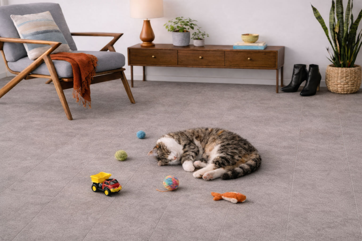 Cat sleeping with toys on Waterblock X Horu light taupe stone-look floor in a living room.