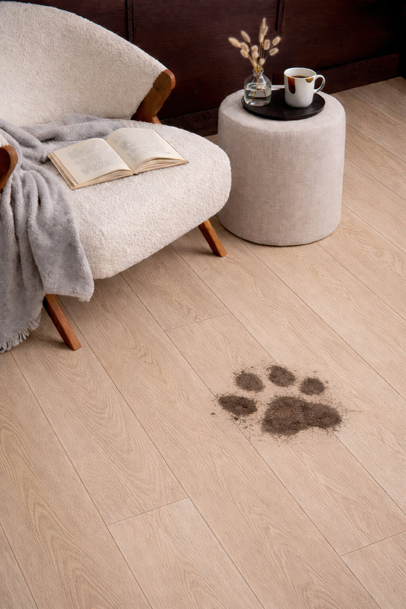 Paw print on Waterblock X Goku brown floor next to a chair with a book and cup.