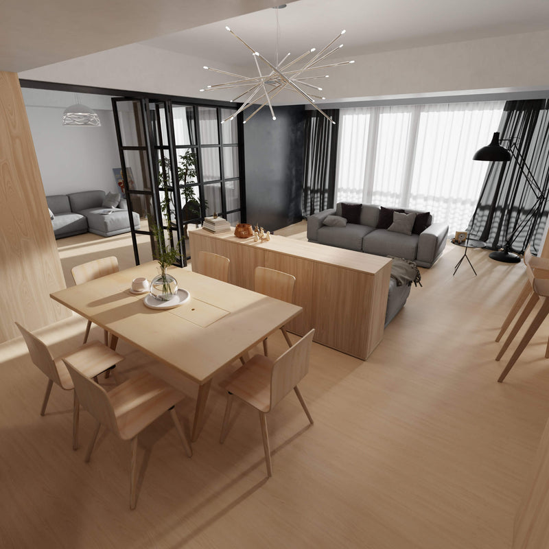 Modern living room with Waterblock X Yagu warm brown floor, a dining table and chairs, featuring a stylish chandelier.