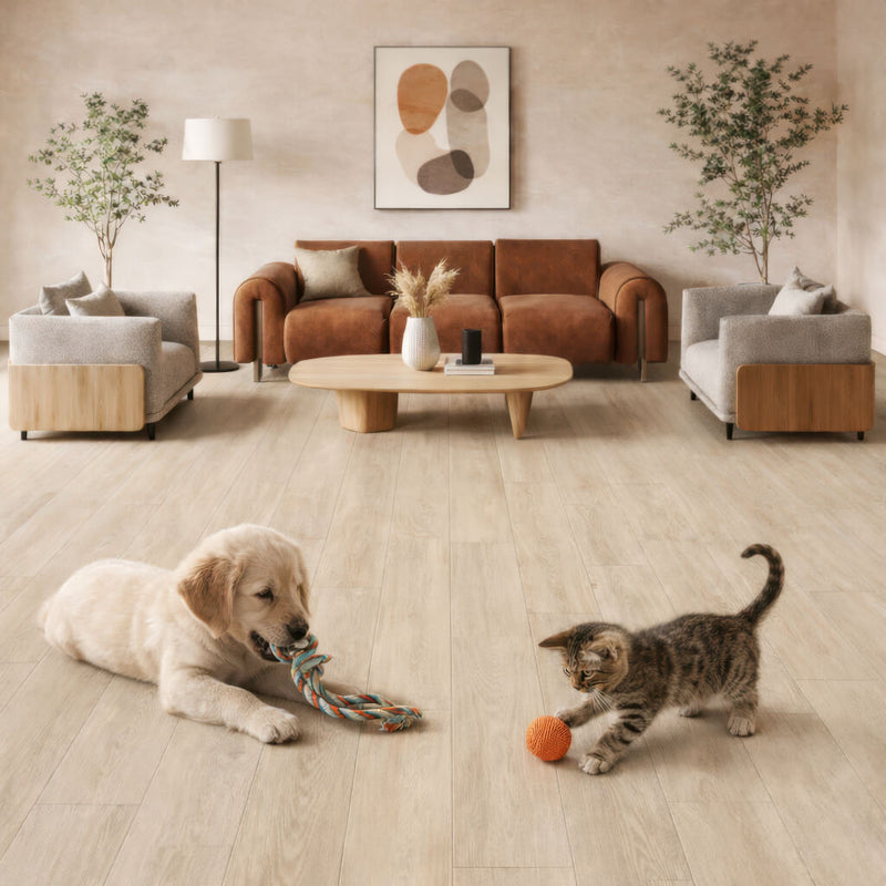 Dog and cat playing with toys on Waterblock X Goku brown floor in a living room.