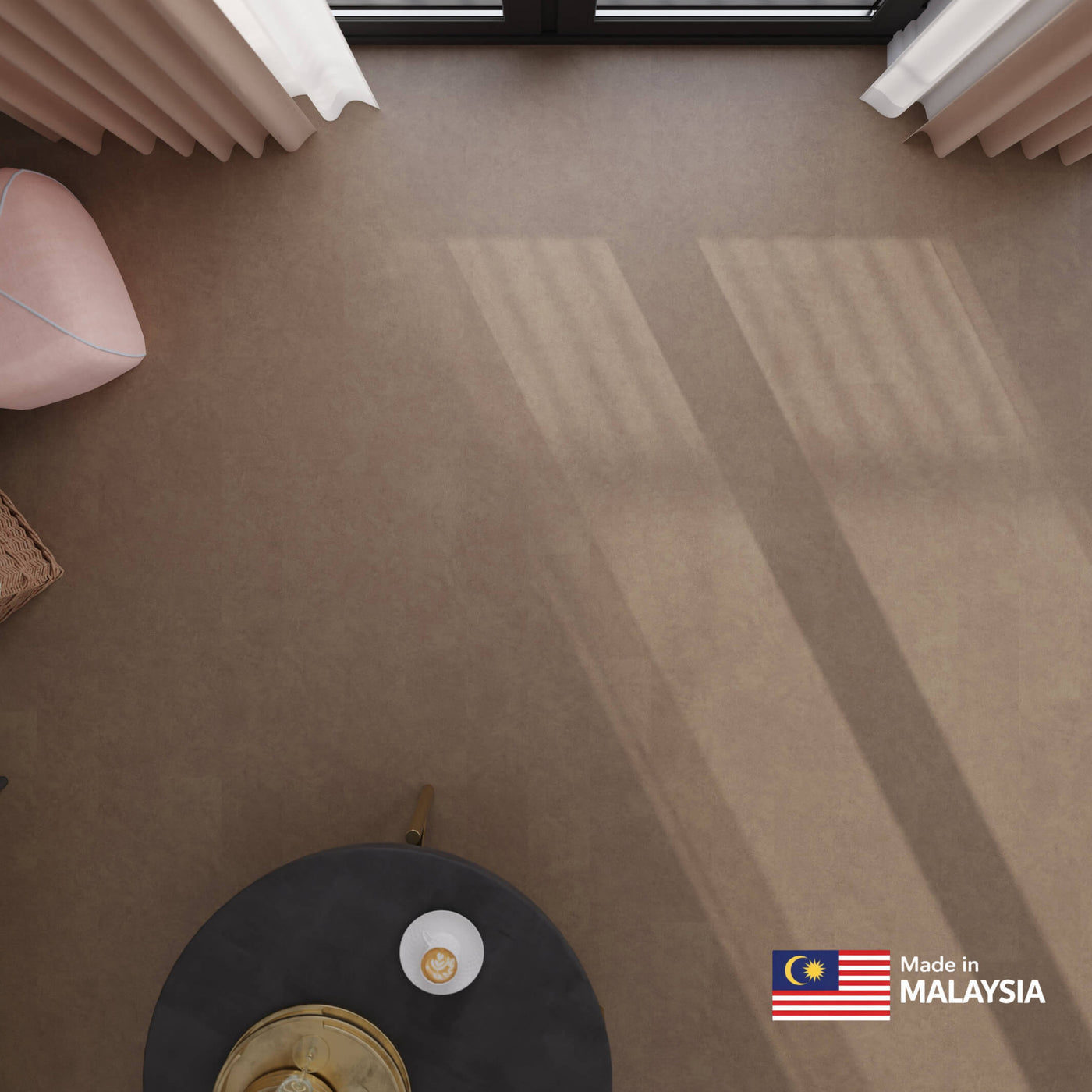 Waterblock X Horu light taupe stone-look floor with a latte on a coffee table.