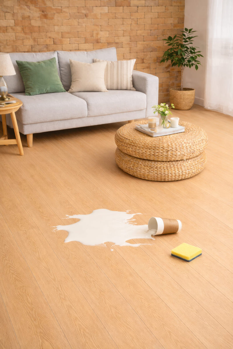 Living room with a spilt milk on the Waterblock X Yagu warm brown floor, cleaning supplies nearby