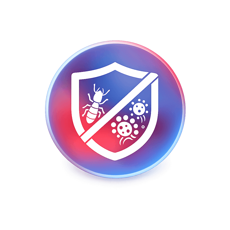 Icon of a shield with termite, mould and mildew symbols on transparent background