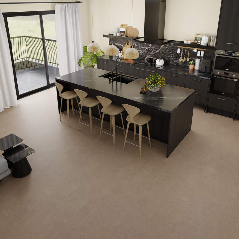 Modern kitchen with Waterblock X Horu light taupe stone-look floor, a island and stools in a well-lit room.