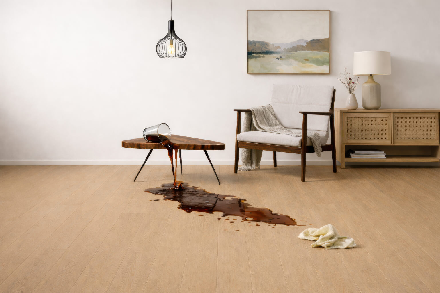 Spilt drink from a glass requiring cleanup on Waterblock X Yagu warm brown floor, living room with a coffee table, chair, and decorative items.