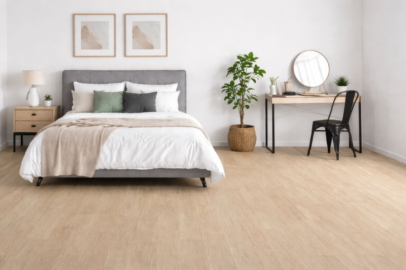 Modern bedroom with Synchrowood basic 8mm floor, bed, desk, and decor.