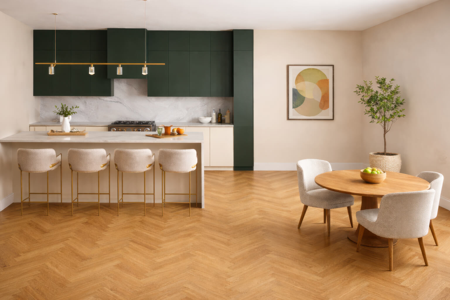 Modern kitchen with Waterblock Pro 12.6mm Herringbone Laurel Oak floor, green cabinets, white countertops, and a round dining table.