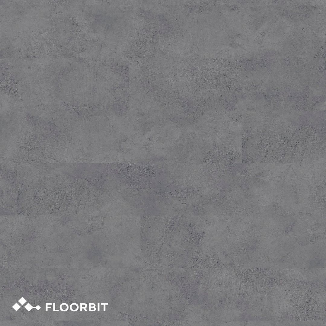 Dark grey textured stone-look flooring with Floorbit logo