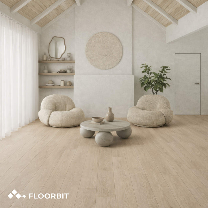 Modern living room with beige armchairs, a coffee table, and decorative items on a Waterblock X Goku brown floor.