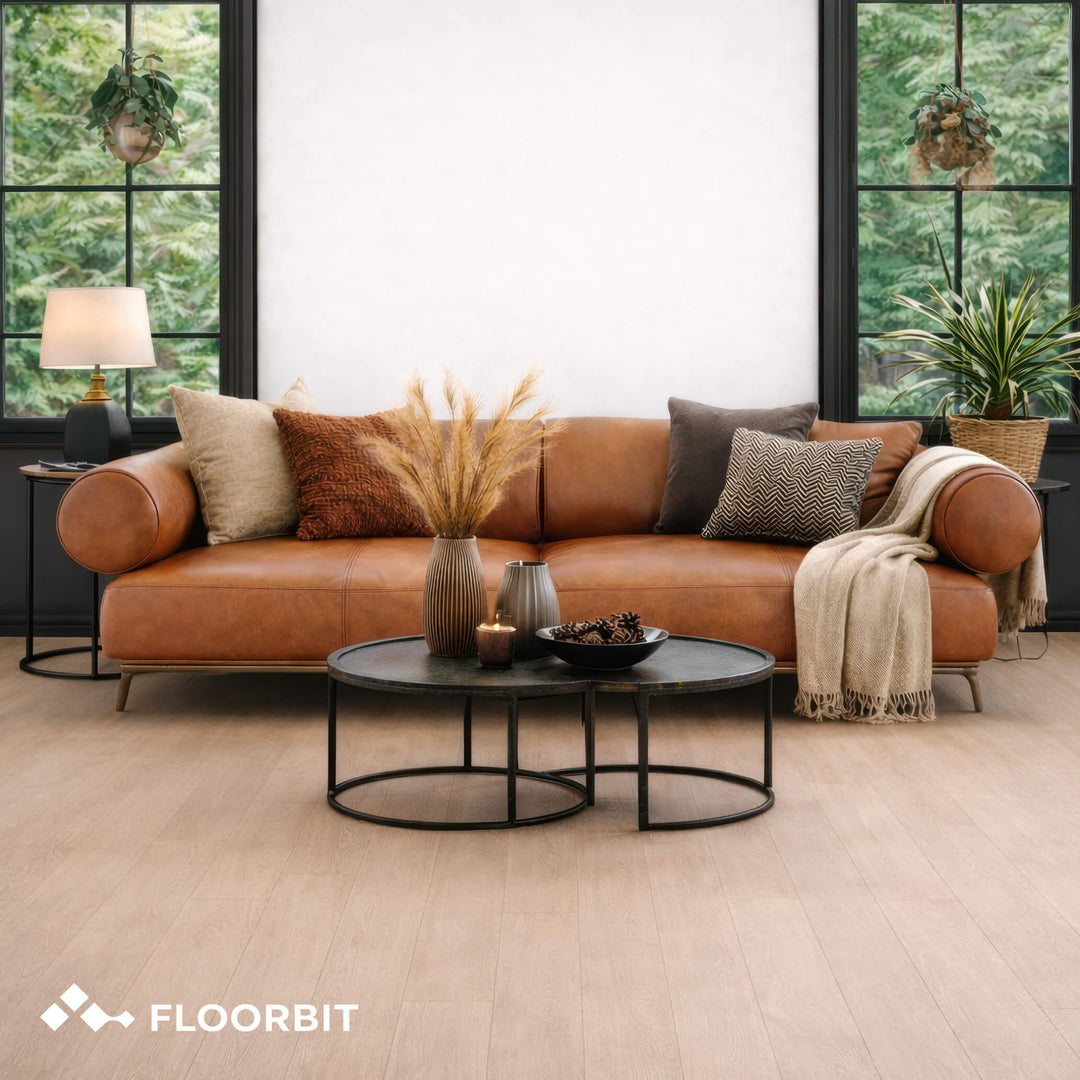 Living room with Waterblock X Goku brown floor, a brown leather sofa, coffee table, and decorative elements.