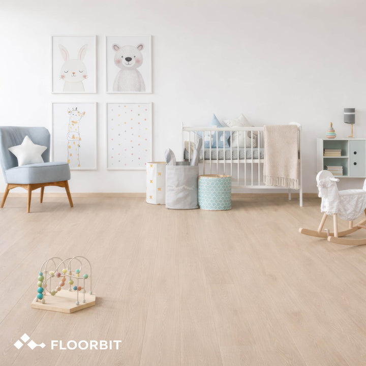 Nursery room with Waterblock X Goku brown floor, crib, and toys.