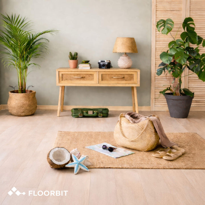 Living room with wooden furniture, plants, and a rug on a Waterblock X Goku brown floor.