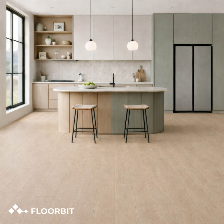 Modern kitchen with Waterblock X Goku brown floor, island, and stools.