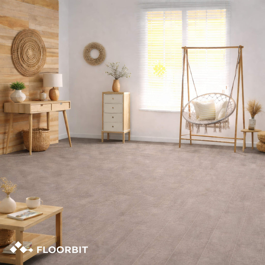 Living room with Waterblock X Horu light taupe stone-look floor, furniture, and decor elements.