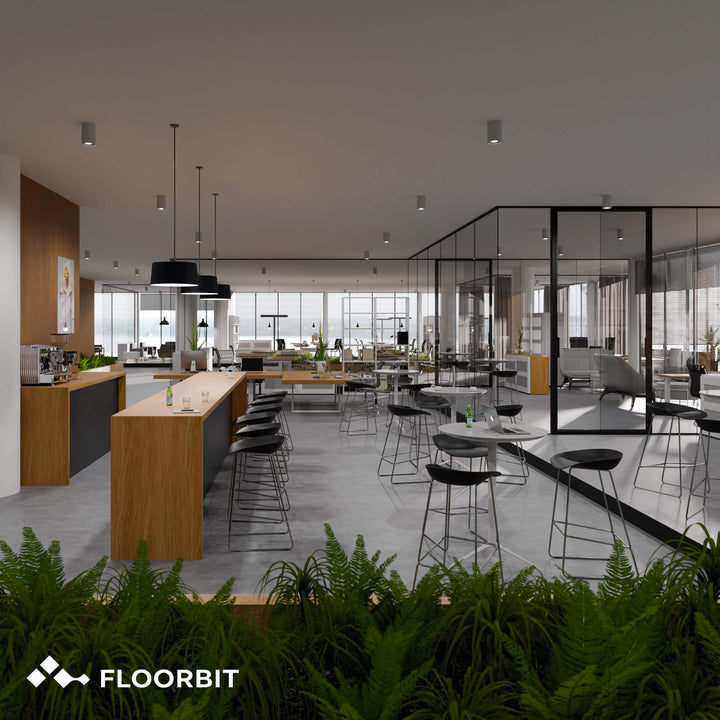 Modern office interior with Waterblock X Joku dark grey stone-look floor, wooden counters, chairs, and large windows. Floorbit logo visible.