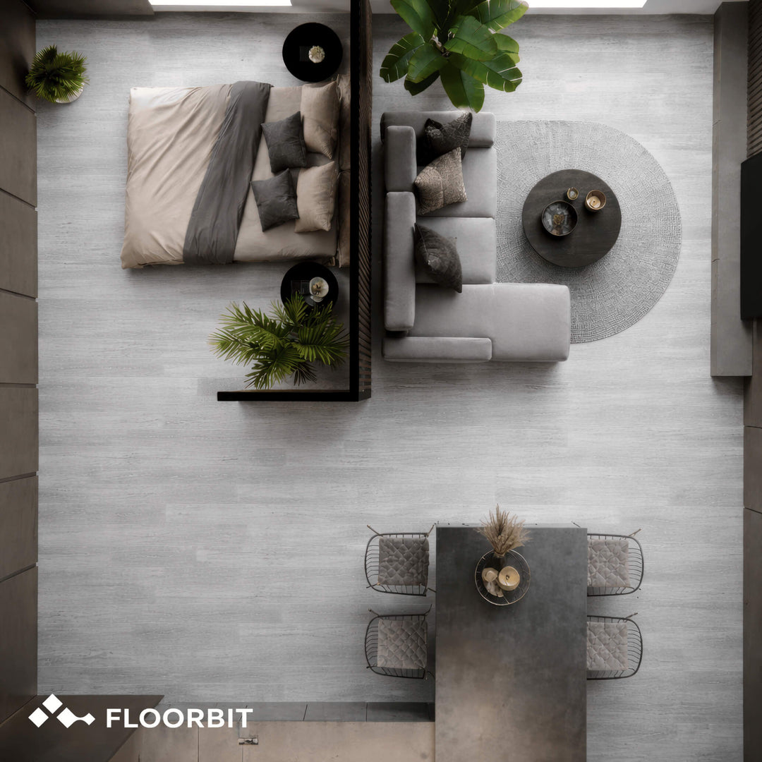Modern living room with grey rug, furniture, and decor elements on a Waterblock X Kasu light grey stone-look floor.