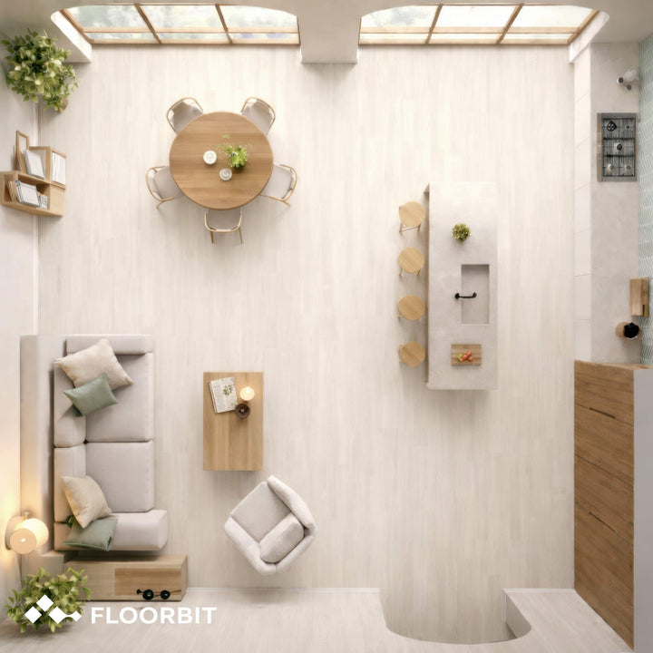Modern interior design with Waterblock X Mizu light brown floor, furniture and decor elements, featuring the Floorbit brand.