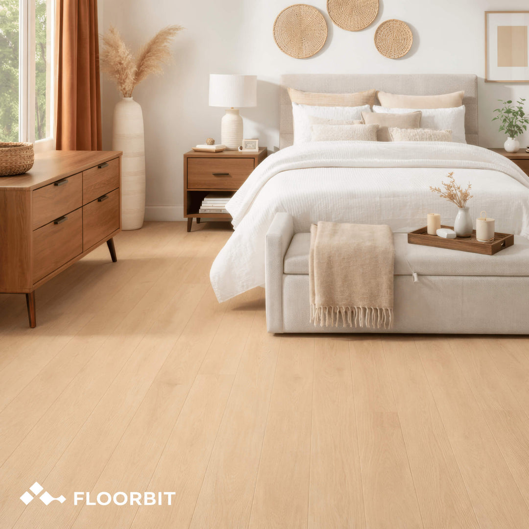 Bedroom with Waterblock X Yagu brown floor, bed, and decor elements, featuring the Floorbit brand.