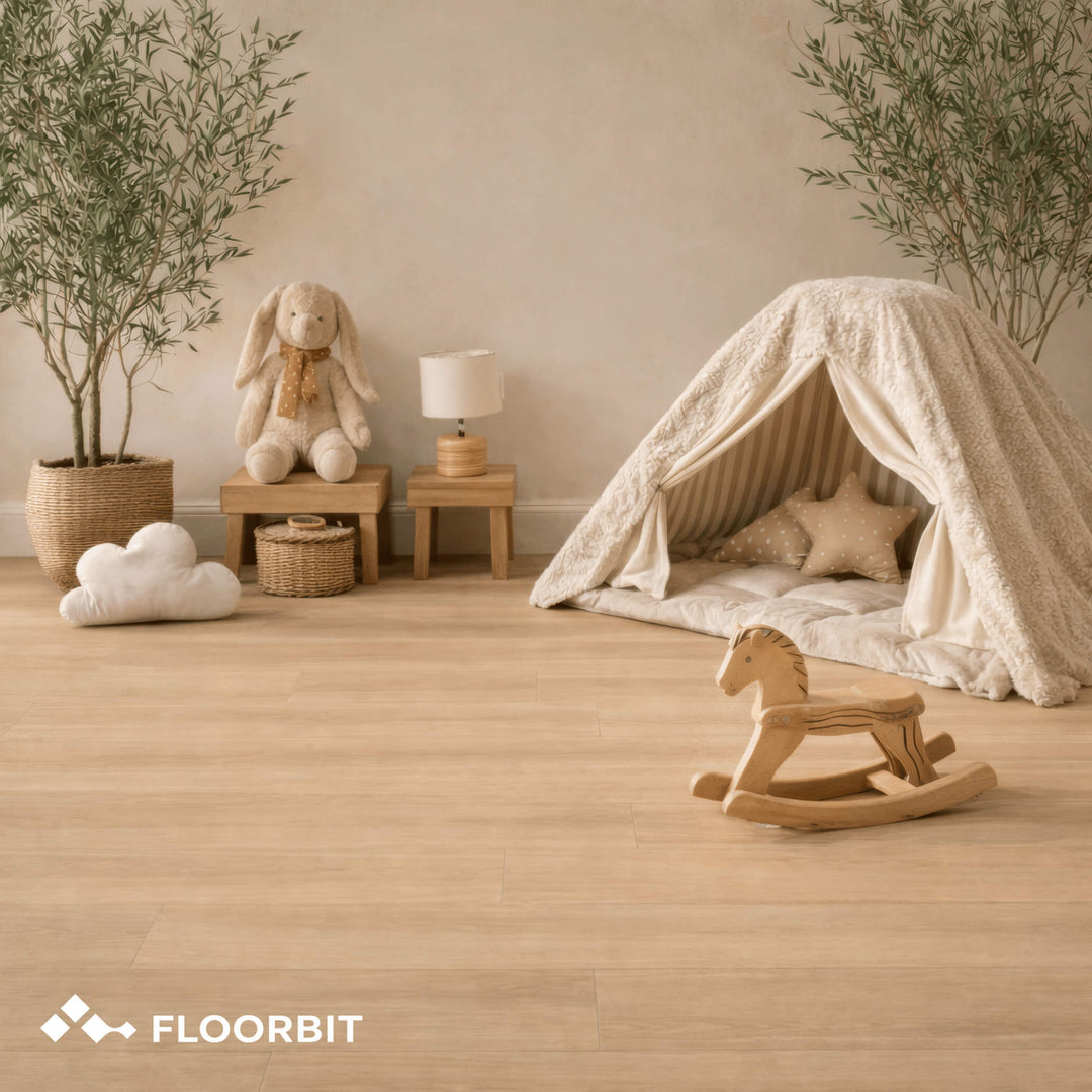 Children's room with Waterblock X Yagu brown floor, playhouse, toys, and plants, featuring the Floorbit brand.