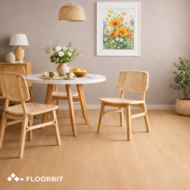 Dining room with Waterblock X Yagu brown floor, wooden table and chairs, floral artwork on the wall, and 'Floorbit' branding.