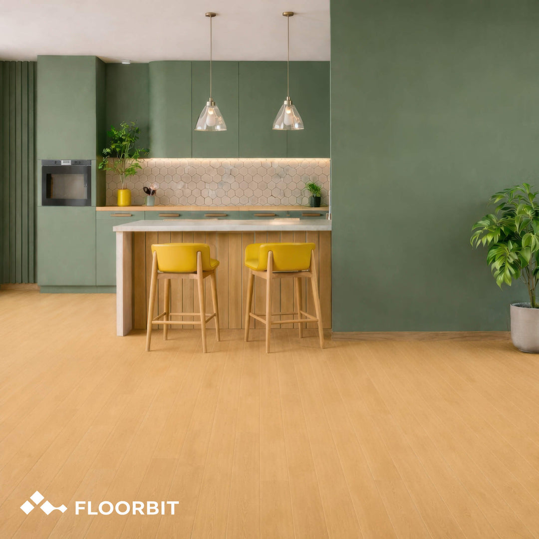 Modern kitchen with Waterblock X Yagu brown floor, green walls, wooden floor, and yellow bar stools.